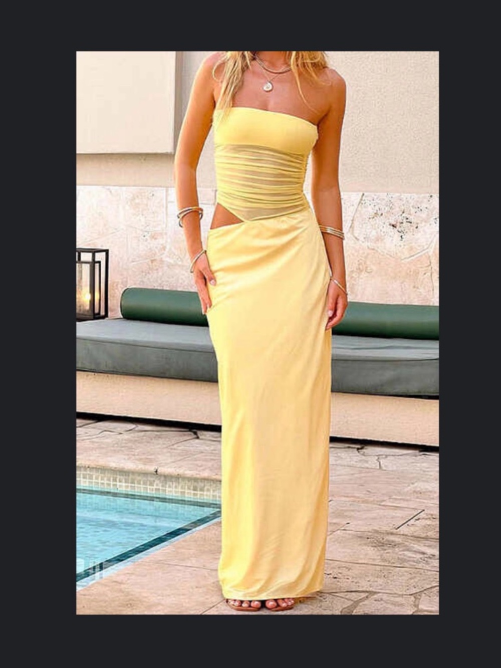 Beginning Boutique Yellow Strapless Maxi Dress with Side Cutout